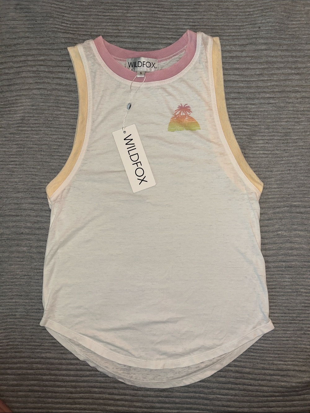 Wildfox White Tank with Pink Neckline and Yellow Trim